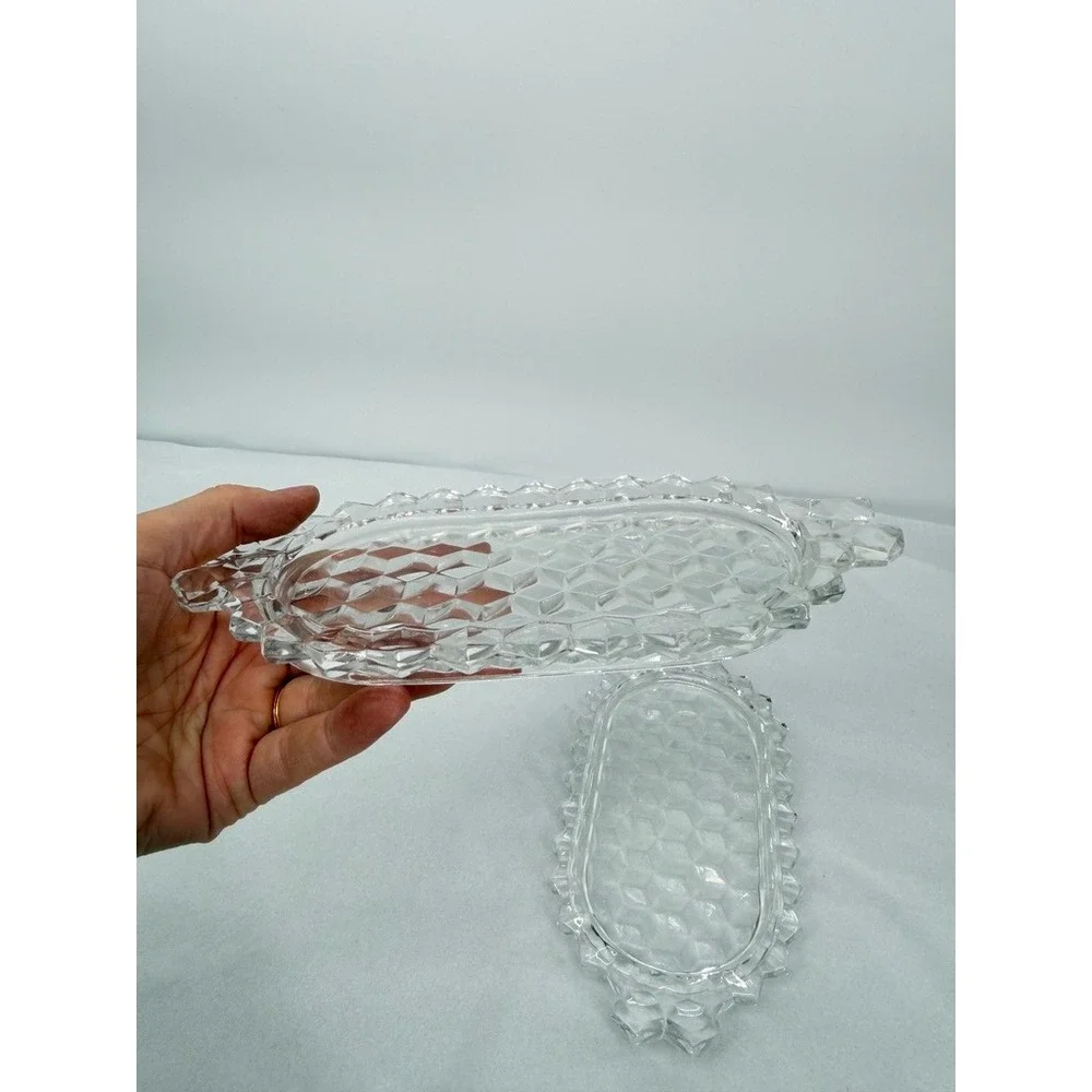 Fostoria American Glass Oval Trays Cube Pattern Clear Vintage Set of 2 Small